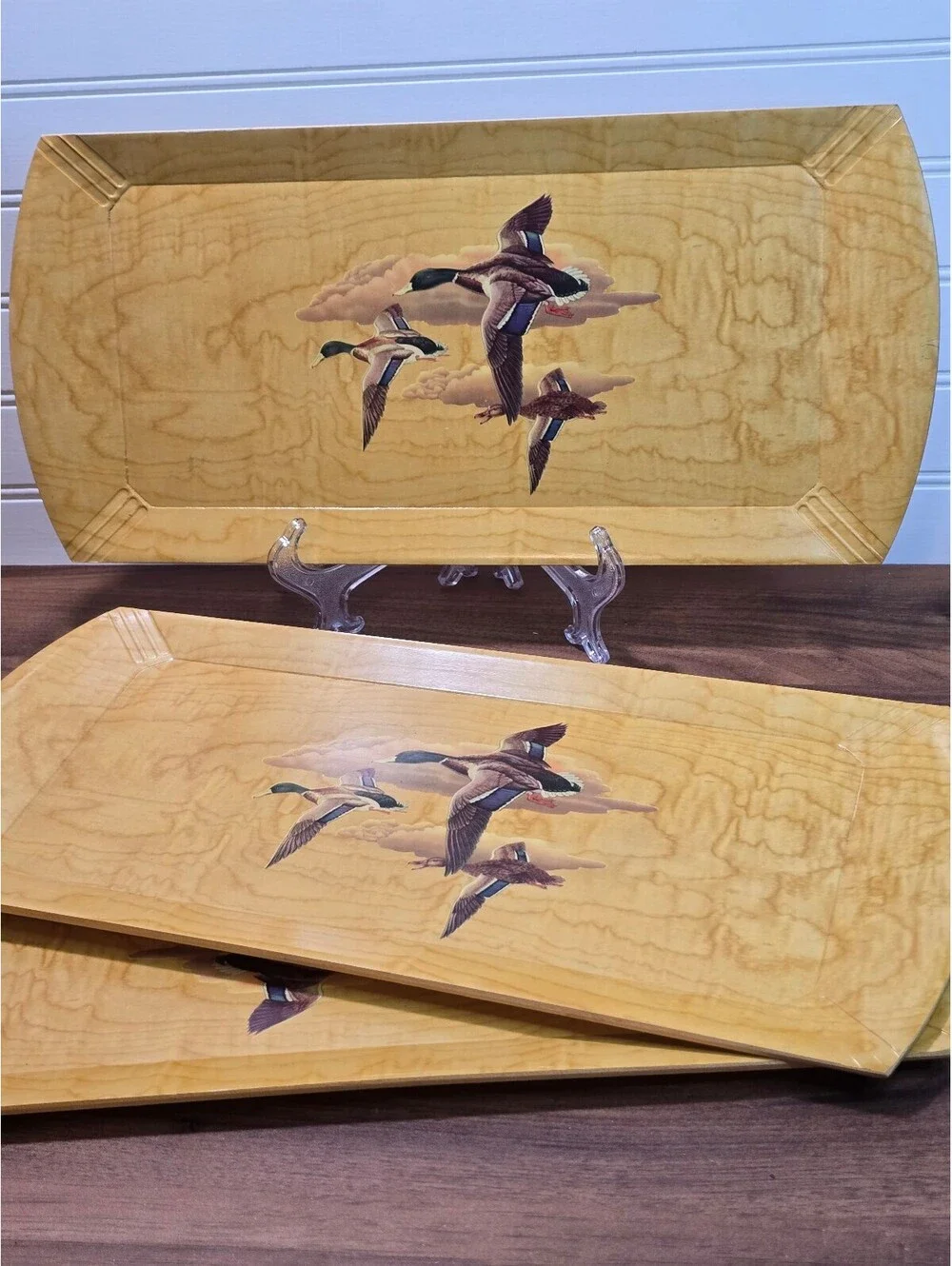 Vintage 1950s HASKO Lap Trays Set Flying Mallard Ducks Wood Serving Trio
